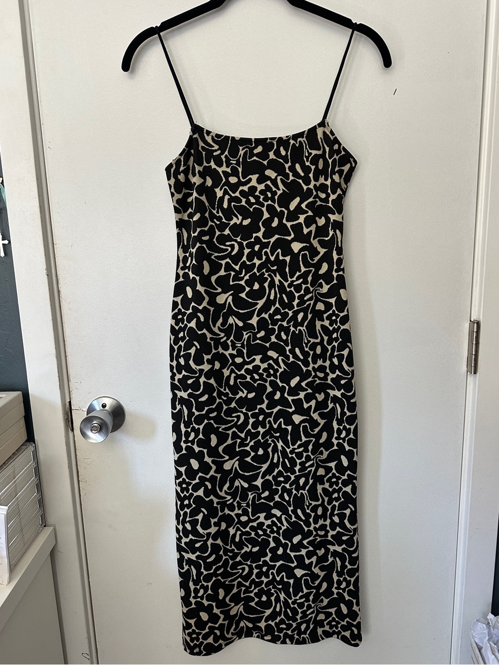 Zara Black and Cream Slip Midi Dress with Abstract Floral Print - Picture 1 of 7